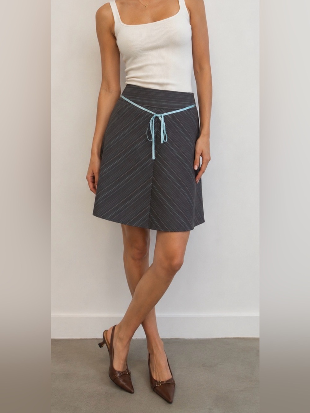 Snap Women’s Pinstripe A-Line Skirt Size 13 Brown Blue Ribbon Career Y2K